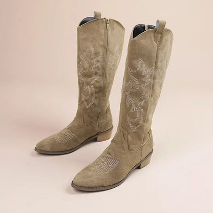 Bottes de cowboy Western brodées pour femmes, bottes hautes à talons épais et bouts pointus, en cuir PU souple, longues, pour l'automne.