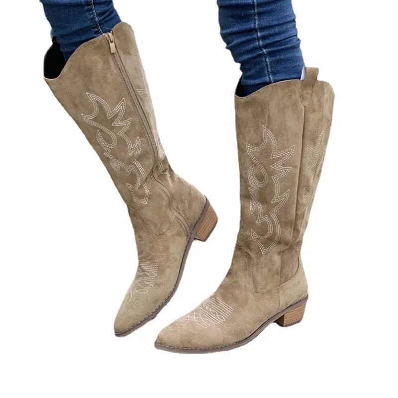 Bottes de cowboy Western brodées pour femmes, bottes hautes à talons épais et bouts pointus, en cuir PU souple, longues, pour l'automne.