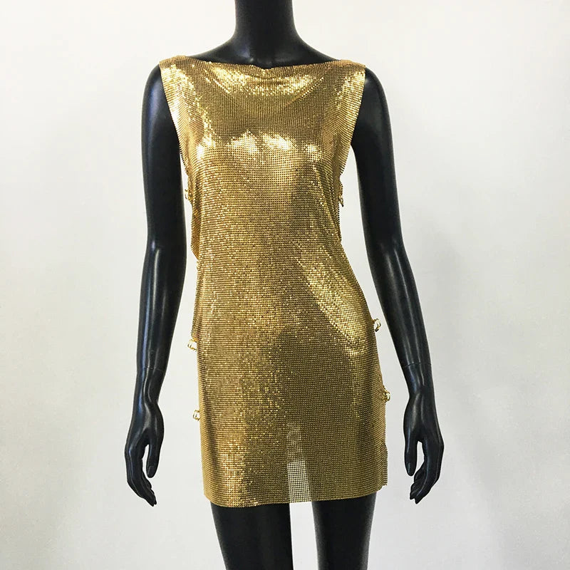 Shiny Y2k Metallic Sequins Mini Dresses For Women Sleeveless Backless Sexy Low Cut See Through Sexy Solid Clubwear Party Dress