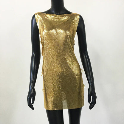 Shiny Y2k Metallic Sequins Mini Dresses For Women Sleeveless Backless Sexy Low Cut See Through Sexy Solid Clubwear Party Dress