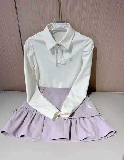 PL Golf Women New Autumn Top Puff Long Sleeve Polo Shirts Elegant Korean Style T-shirts Lady Pleated Golf Cargo Skirt with Short