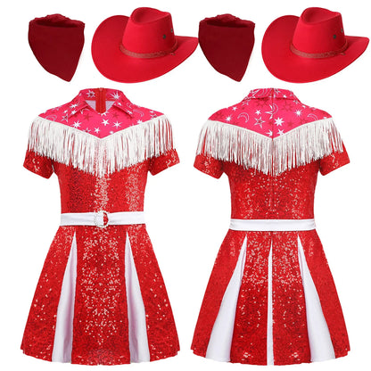 Costume de cow-girl western 3 pièces pour fille, robe plissée à paillettes avec chapeau de cowboy et bandana, pour Noël, Halloween, fête