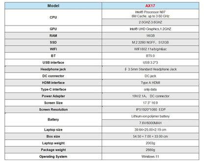 ACEMAGIC AX17 Intel Processor N97 17.3" Ultar Slim 6000MAH Laptop 16GB LPDDR4 RAM 512GB ROM Windows 11 BT5.2 Wifi 6 Notebook