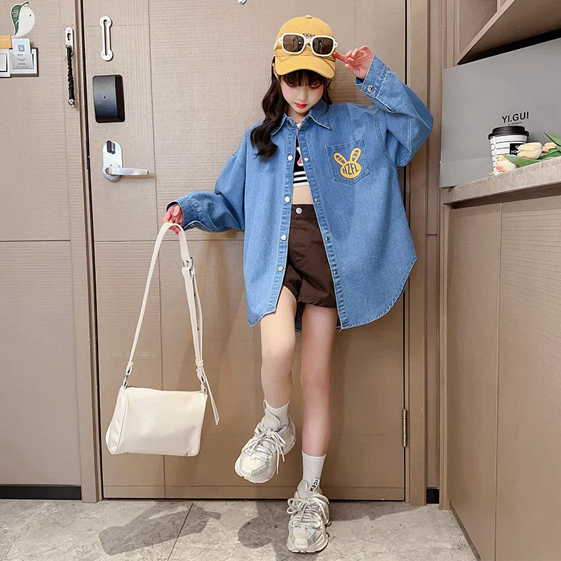 Chemisiers en Denim de Cowgirl de haute couture avec imprimé de lapin pour adolescente, chemise en Denim ample et décontractée à manches longues pour enfants