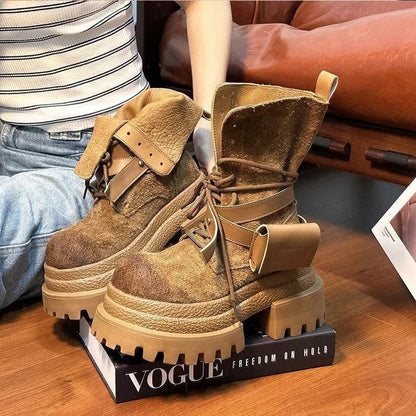 Bottes de Cowboy à grande tête en détresse, mode rétro, bottes de chevalier montantes de Style moto haut de gamme, bottes à semelles épaisses pour filles et femmes