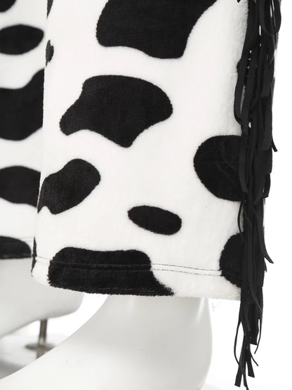 Men Halloween Cowboy Cosplay Costume Cow Print Flannel Pants Adjustable Waist Side Tassel Open Crotch Cowboy Chaps Rave Party