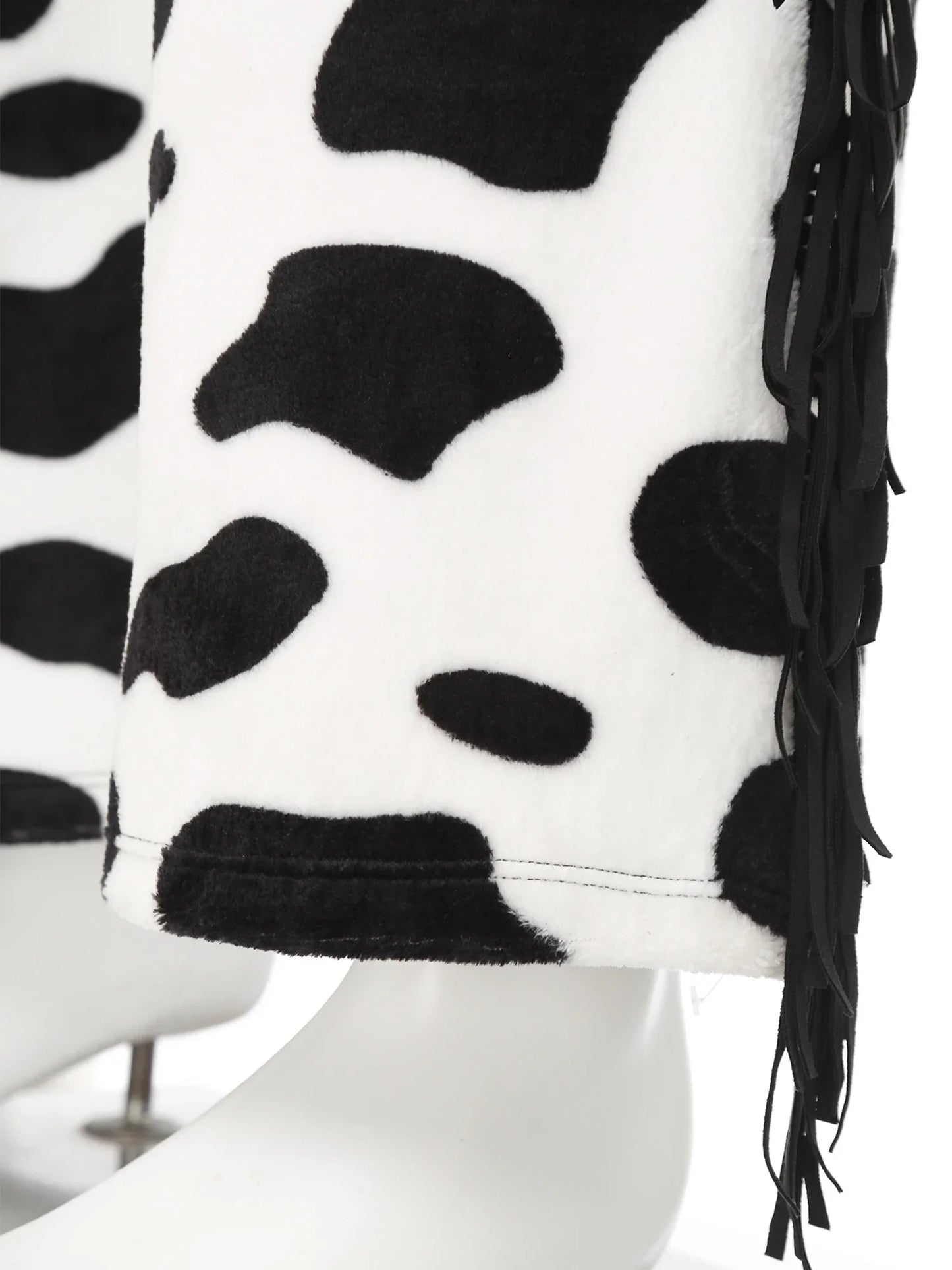 Men Halloween Cowboy Cosplay Costume Cow Print Flannel Pants Adjustable Waist Side Tassel Open Crotch Cowboy Chaps Rave Party