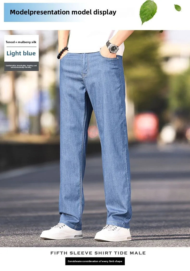 Summer Thin Men's Elastic Cotton Jeans Fashion Blue Comfortable Business Straight Casual Pants Brand Male Clothes Trousers jeans