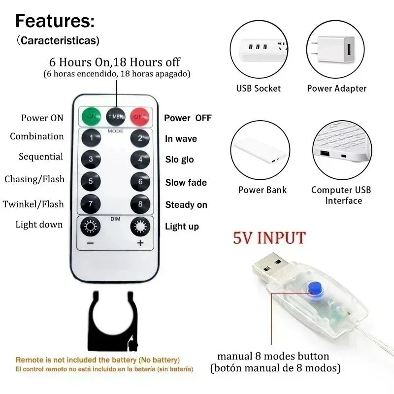 Guirlande de rideaux Led pour fenêtre, 4/6M/8 modes, alimentation USB, guirlande lumineuse féerique avec télécommande, nouvel an, décoration de noël