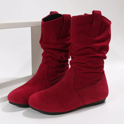 Women Flat Mid-calf Suede Ankle Boots Platform West Cowboy Shoes Round Toe Boot 2025 Autumn Designer Ladies Suede Botas De Mujer