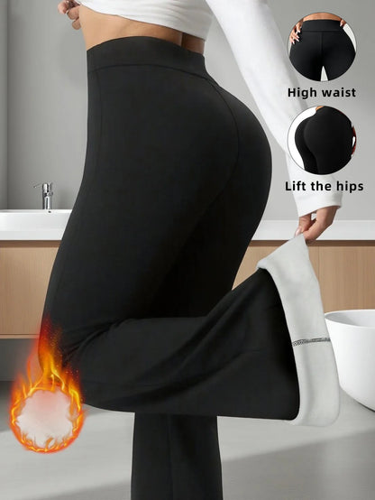1 paire de pantalons évasés doublés de laine chaude pour femmes, leggings coupe-vent d'hiver, pantalons de cyclisme en plein air pour temps froid