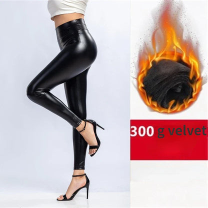 Leggings d'hiver en cuir Pu pour femmes Leggins chauds Leggins en velours noir Leggings taille haute extensible maigre grande tailleLeggings