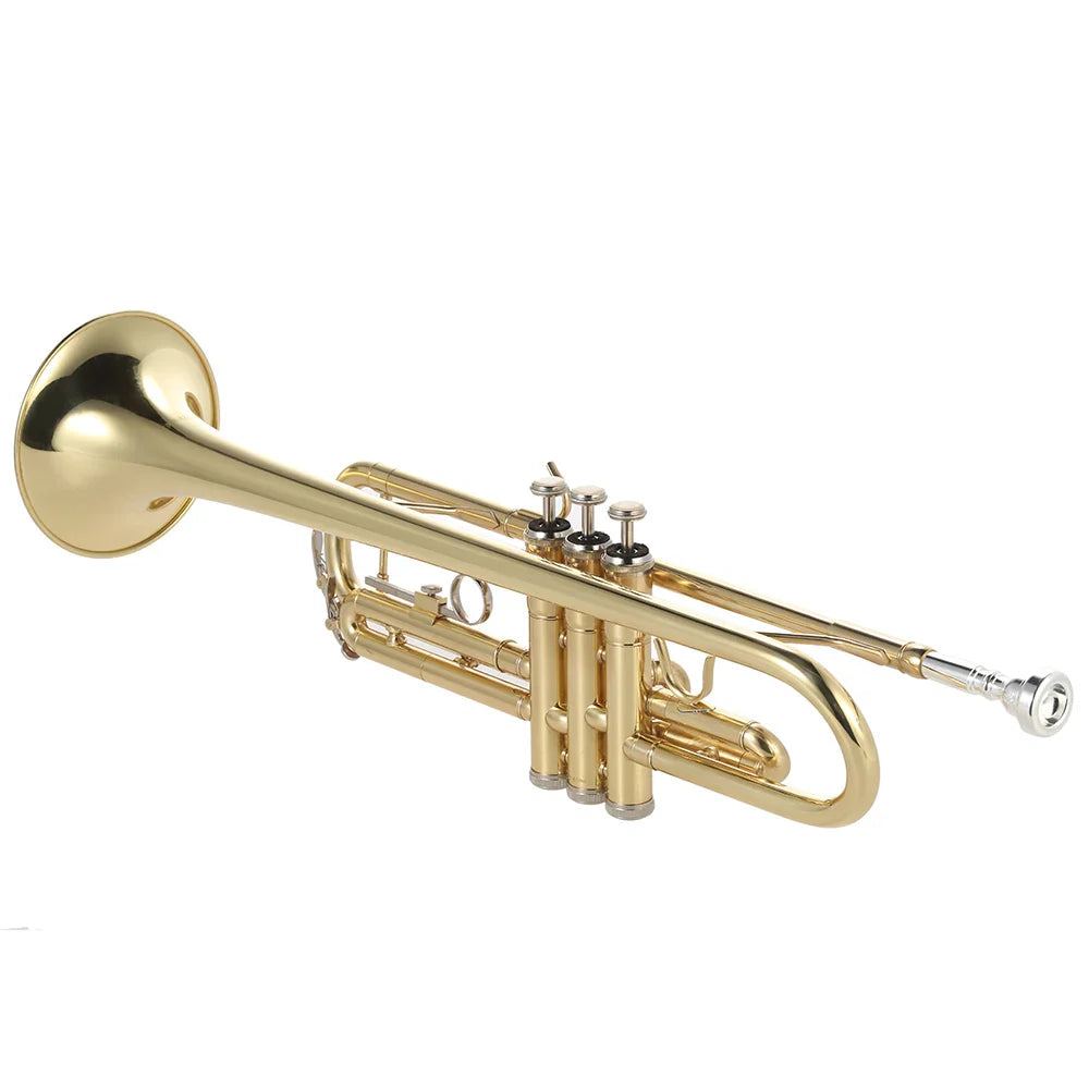 Trompette Bb B plat en laiton peint en or, Instrument de musique exquis et Durable avec Valve d'embout, gants à huile, étui à sangle, trompette Bb