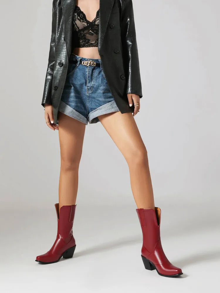 Bottes western rétro noires mi-mollet pour femme à talons épais gothiques, grandes tailles 34-48 777-11
