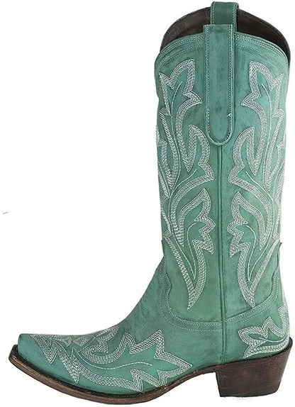Embroidery Cowboy Boots For Women Knee High Med Calf Vintage Western Cowgirl Boots Women Heeled Casual Shoes Autumn Block Heel