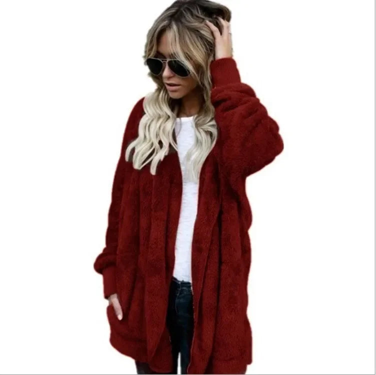 Winter Double Fleece Cardigan Jacket Autumn Women Solid Color Long Sleeve Plush Warm Hooded Lady Jacket Oversized Outerwear Coat