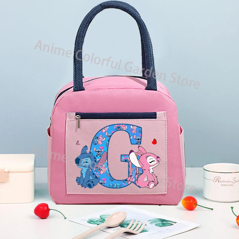 Anime Stitch High-capacity Lunch Bag Cartoon Letter A-Z Printed Insulated Box Picnic Portable Food Keep Fresh Handbag Bento Bags