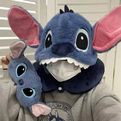 Cute Stitch Cartoon U-shaped Pillow Hooded Pillow for Napping and Neck Protection Pillow Travel Plane Hat Napping