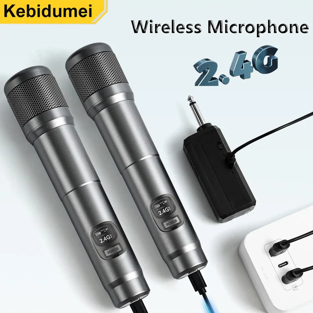 Wireless Microphone Handheld Microphones 2 Channels Karaoke Microphones 2.4G Rechargeable Mic for Live KTV Wedding Party