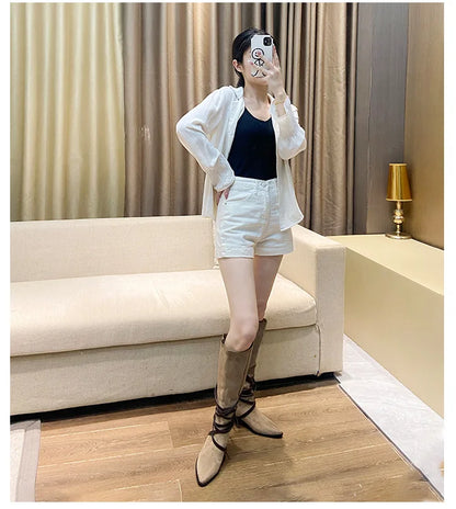 Matte Leather Gothic Western Cowboy Boots Women's Fashion Autumn New Style Pointed Toe Lace-up Retro High Top Flat Heel Boots