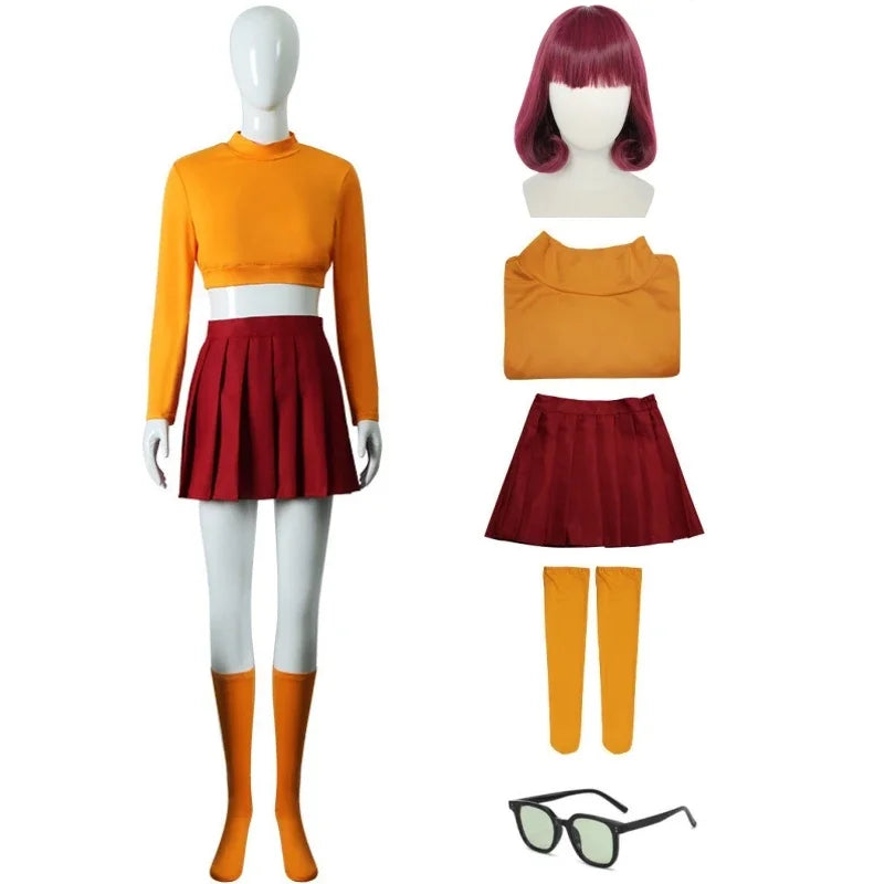 Halloween Velma Cosplay Costume Orange Short Skirt Uniform Women Orange Socks Top Skirt Halloween Party Carnival Set