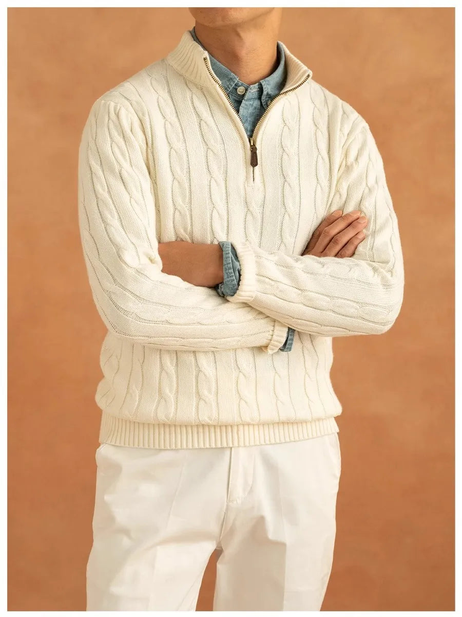 Men's Luxury Leisure Knit Mock Turtleneck Zipper Pullover Sweater Streetwear Retro Solid Long Sleeve Popular Jacquarded Knitwear