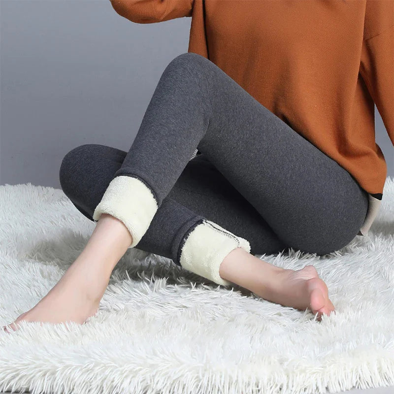 Leggings d'hiver épais pour femmes, doublés polaire chaude, pantalon thermique simple et tendance, leggings noirs amincissants, taille haute élastique, couleur unie