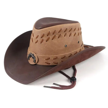 Chapeau de Cowboy occidental classique pour hommes et femmes, casquette de Cowgirl en Faux cuir noir, décontracté pour l'extérieur, Sombrero Hombre avec corde coupe-vent