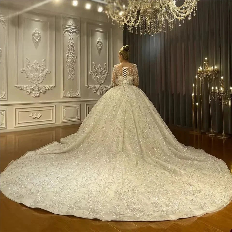 Customzied Gorgeous Wedding Dress For Women Long Sleeves  Sequins Appliques Bridal Gown O-Neck Bridal dress Vestido De Novia