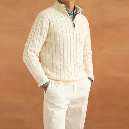 Men's Luxury Leisure Knit Mock Turtleneck Zipper Pullover Sweater Streetwear Retro Solid Long Sleeve Popular Jacquarded Knitwear