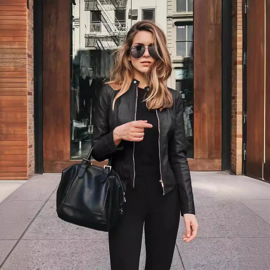 Women Pu Jacket Vintage Streetwear Stand Collar Zipper Leather Moto Biker Coats Punk Casual Female Tops Spring Short Outerwear