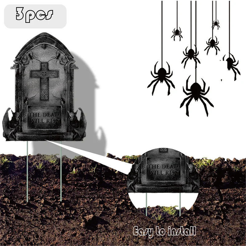 3/6Pcs 2024 Halloween Tombstone Decor Skull Tombstone RIP Letters Bad Omens Haunted House Decor for Patio Garden Frighten Kids