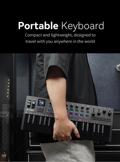 Clavier MIDI M-VAVE All Black PRO 37 touches, 16 tampons RGB, 4 faders, 8 encodeurs, moteur de synthétiseur FM DX-7 intégré, 5 couleurs en option