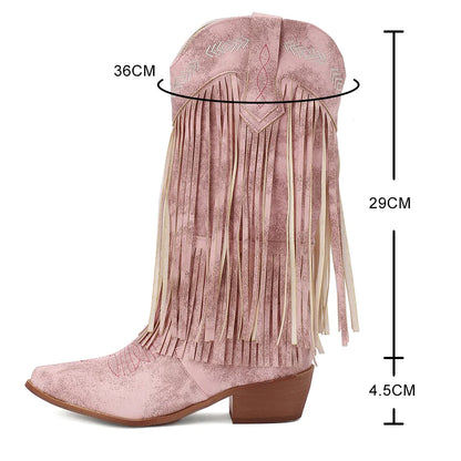Bottes de cowboy pour femmes, brodées, à glands, talons épais, bout pointu, roses, de style western, bottes compensées sans lacets pour femme