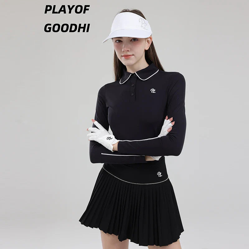 Vêtements de golf pour femme - T-shirt de golf à manches longues pour femme - Hauts de golf à col polo - Jupe plissée taille haute - Jupe-short de golf avec short intérieur
