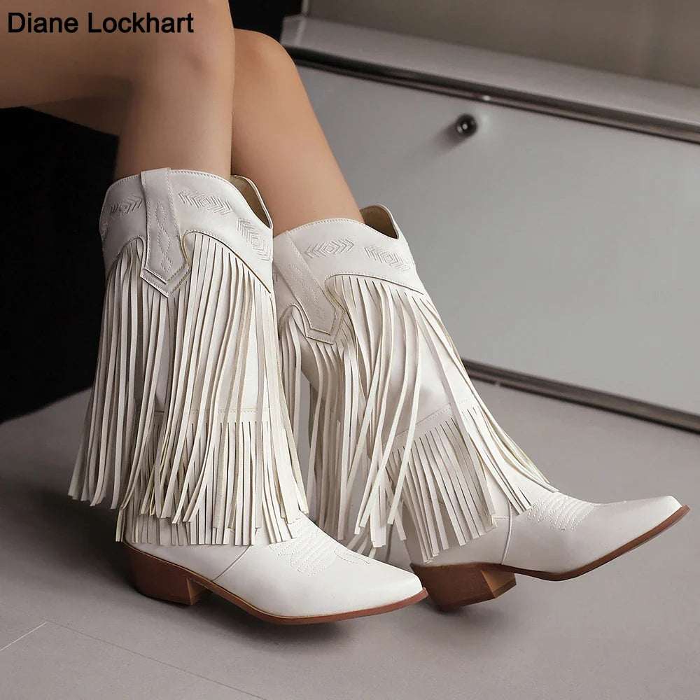 Bottes de cowboy pour femmes, brodées, à glands, talons épais, bout pointu, roses, de style western, bottes compensées sans lacets pour femme