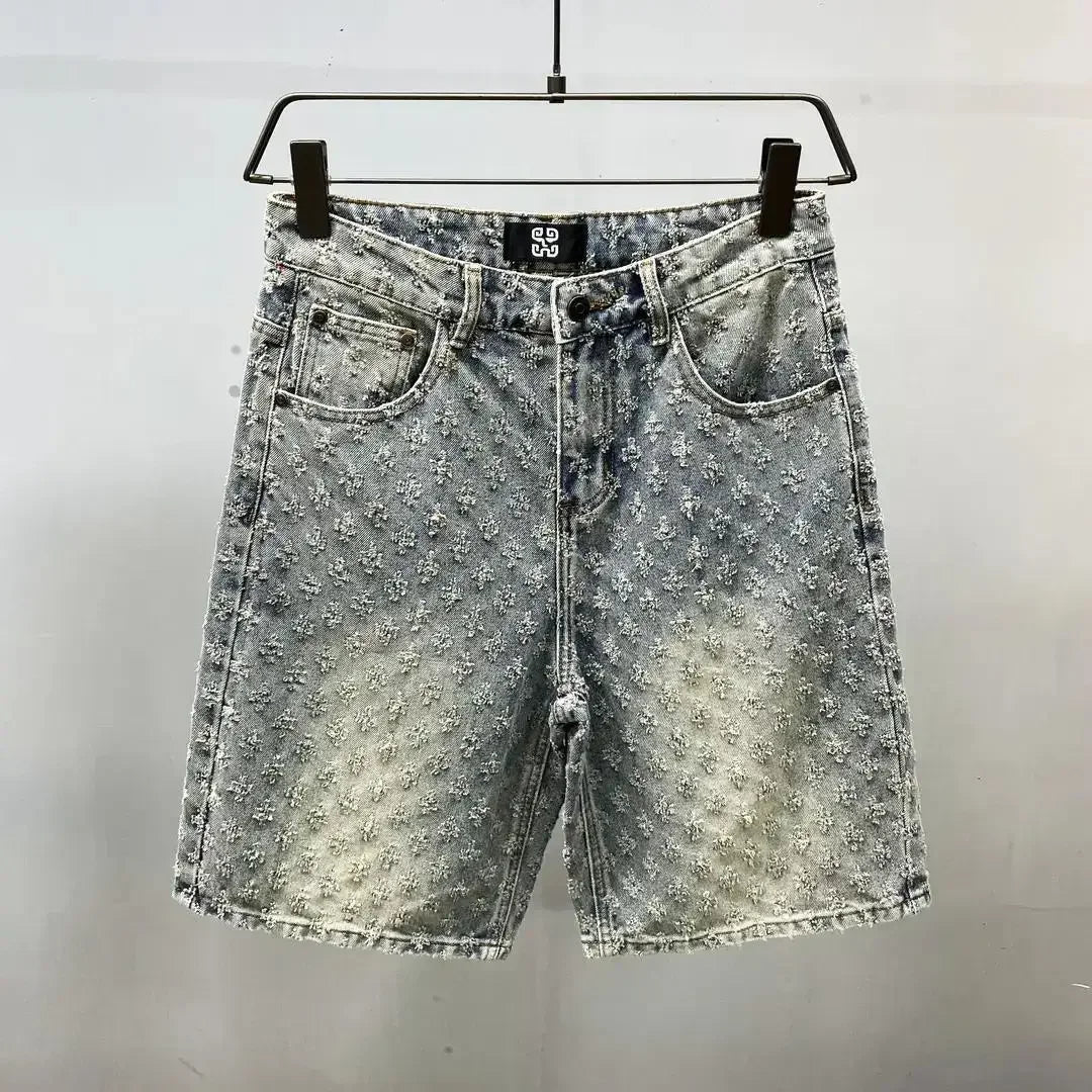 American Street Luxury Quality Retro Y2K Cowboy Shorts Summer Hip Hop Ins Mens Shaved Jacquard Couple Cowboy Pentagonal Pants