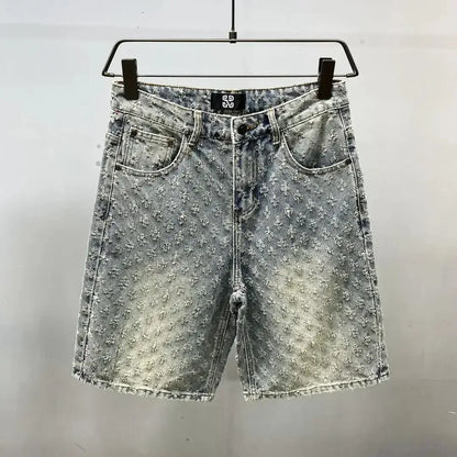 American Street Luxury Quality Retro Y2K Cowboy Shorts Summer Hip Hop Ins Mens Shaved Jacquard Couple Cowboy Pentagonal Pants