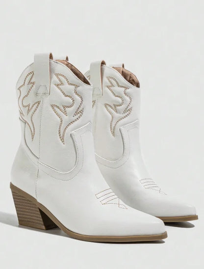 Aneikeh Autumn Winter Vintage Embroidered Large Western Cowboy Boots New Style Coarse Heel Pointed Ankle Barrel Knight Boots