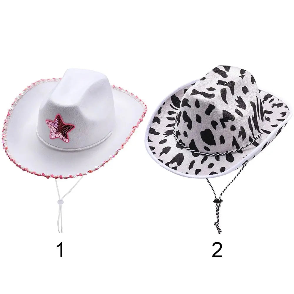White Cowgirl Hat, Pink Star Cowgirl Hat with Sequin Trim, Fringe, Adjustable Neck, Drawstring, Adult Cowboy Hat for Costume Party