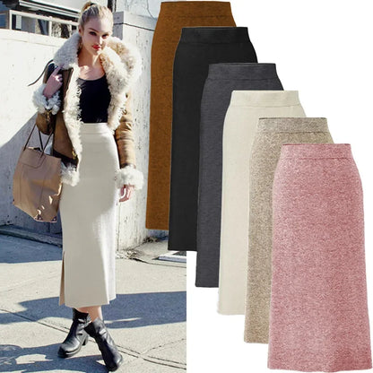 Women's Autumn/winter Knit Bodycon Skirt Medium-length High-waisted Thickened Side Slit Step-length Skirt