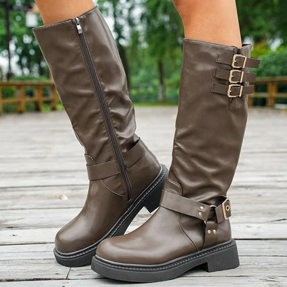 Bottes de cowboy rétro marron pour femmes 2025 Automne Hiver Cuir PU Bottes hautes Botas Mujer Fermeture éclair Boucle Plateforme Bottes de chevalier