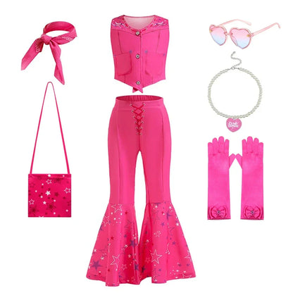Costume de Cowgirl Robe de Fille Princesse Cosplay Costume Rose à Carreaux Tenue de Plage Anniversaire Halloween Fête Robe pour Enfants
