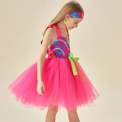 Movie Cowgirl Barbi Costume for Girls Princess Dress Hot Pink Plaid Margot Robbie Tutu Dress Kids Birthday Party Tulle Dresses