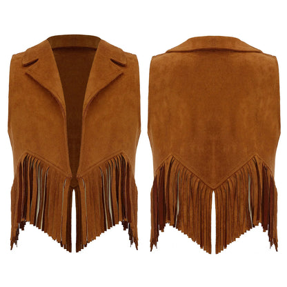 Gilet de Cowboy occidental pour enfants, garçons et filles, Costume de Cosplay d'halloween, pompon en daim, manteau ouvert sur le devant, hauts