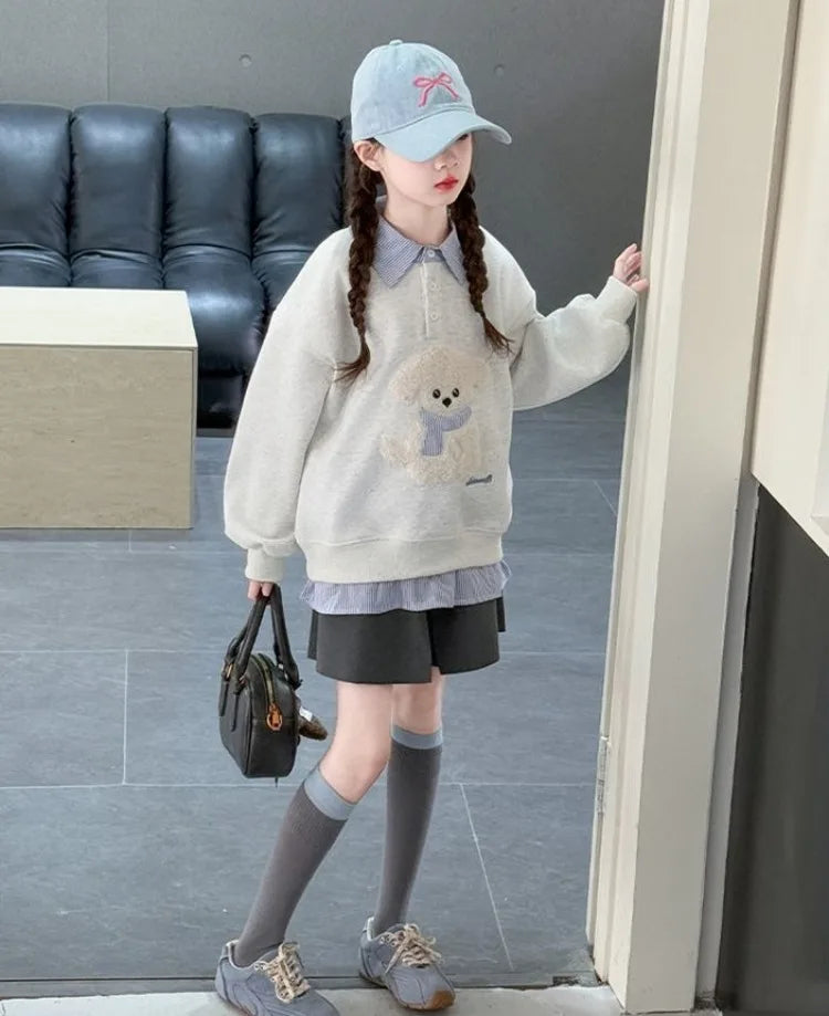 Sweat-shirt à capuche pour filles, Polo deux pièces en Faux, moyen-grand, coupe ample, haut de chiot de dessin animé, nouvelle collection printemps/automne 2025