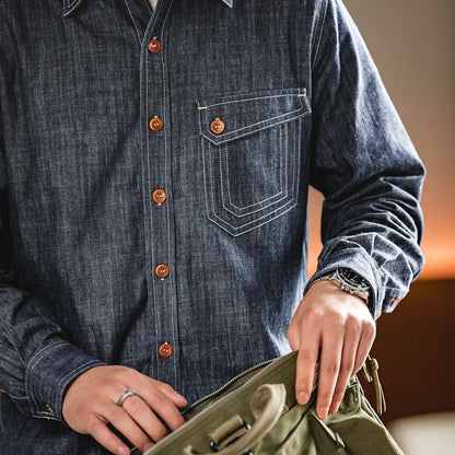 Maden Men Vintage Long Sleeve Western Cowboy Denim Shirt Outerwear Tough Guy Shirt Men's Cotton Casual Shirt XXL XXXL