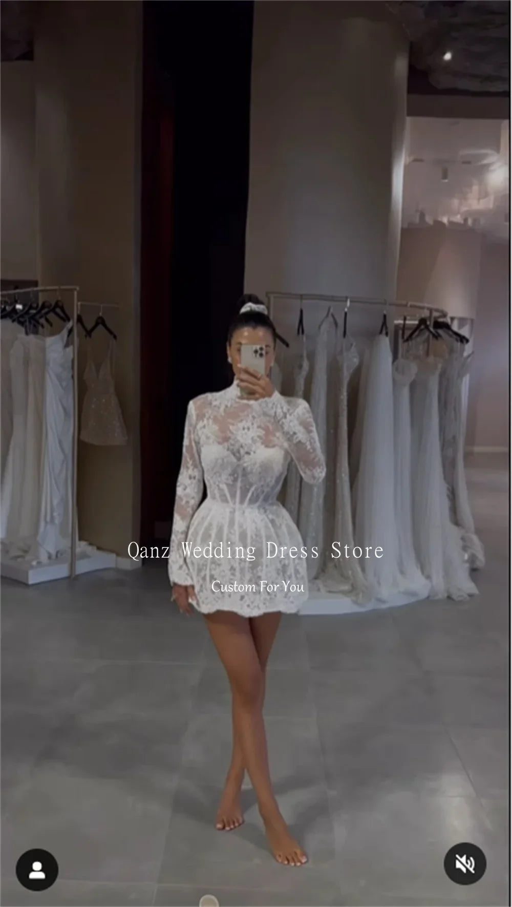 Qanz Chic dentelle robe De mariée courte col haut manches longues robe De soirée De mariage femmes sirène dos nu Vestido De Novia personnalisé