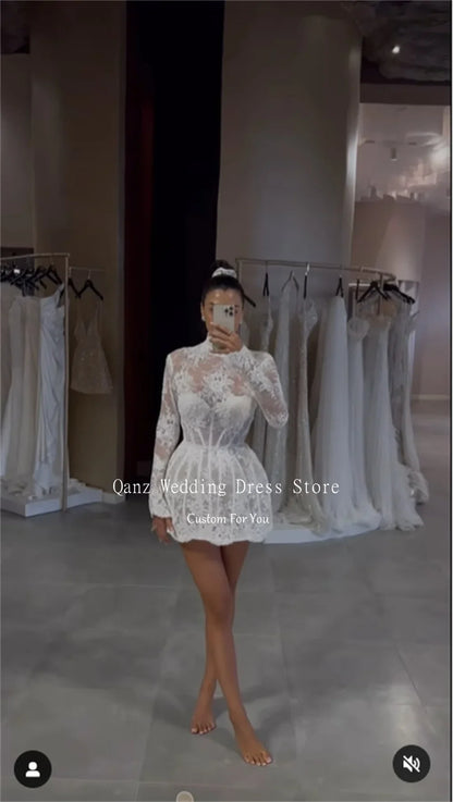 Qanz Chic dentelle robe De mariée courte col haut manches longues robe De soirée De mariage femmes sirène dos nu Vestido De Novia personnalisé