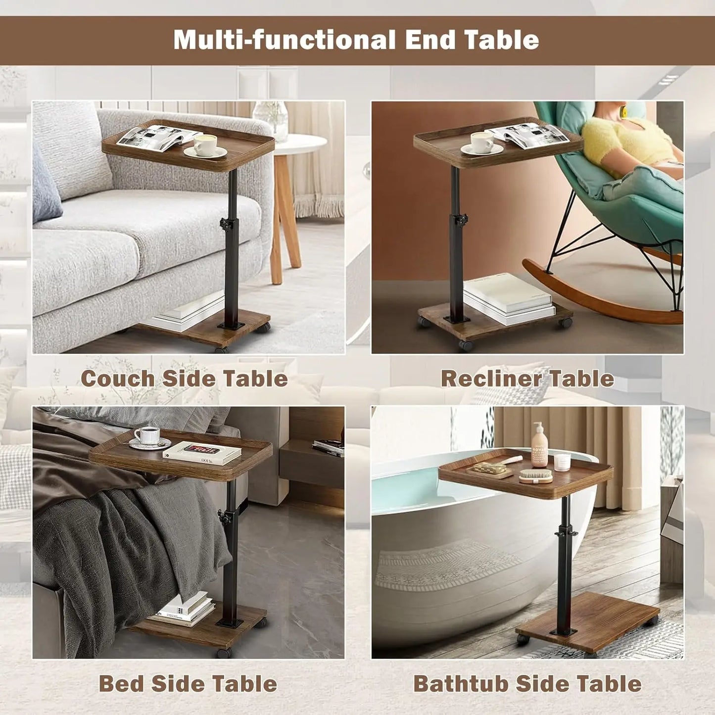 Chariot roulant réglable, Table de chevet, bureau pour ordinateur portable, lit médical pour la maison, plateau alimentaire 360 °   Bureau à domicile de table de plateau de canapé rotatif